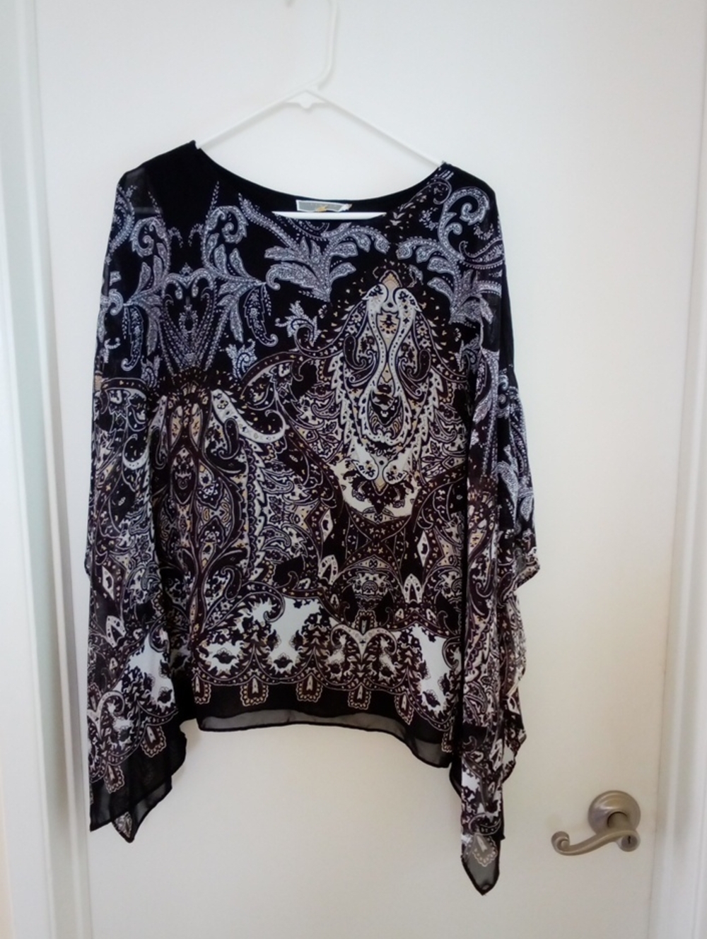 Paisley Printed Black & White Draped Women's Blouse